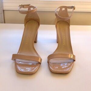 Stuart Weitzman Nudist Sandal – 7.5 | Patent Nude Leather | 2 ¾” Heel